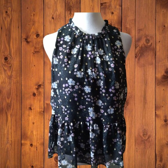 LOFT Size MP Medium Petite Black Sleeveless Floral Ruffle Accent Keyhole Blouse - Picture 1 of 8